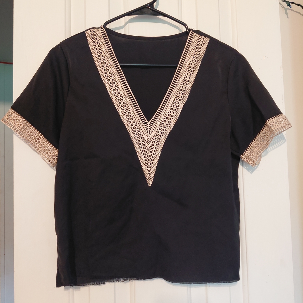 SHEIN Black Blouse with Beige Lace Accents
